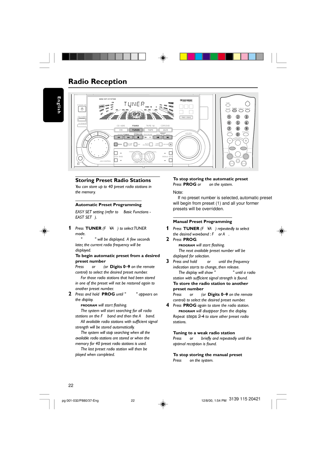 Philips P880 manual Radio Reception, Storing Preset Radio Stations 