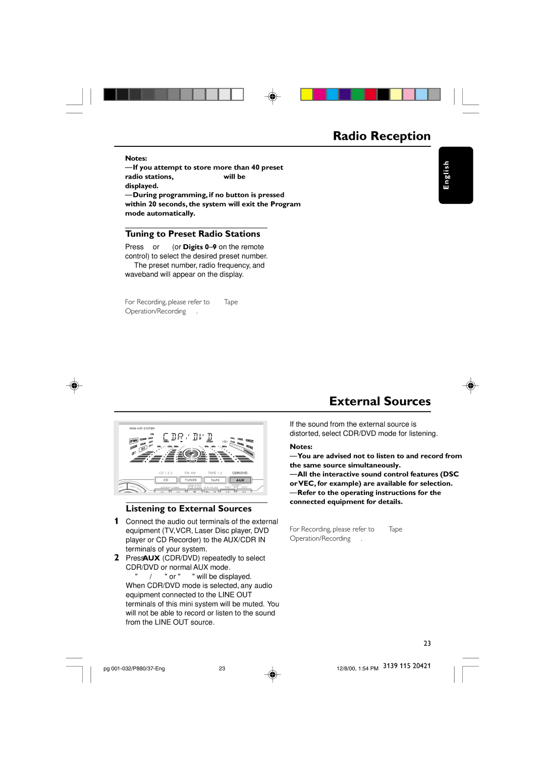 Philips P880 manual Tuning to Preset Radio Stations, Listening to External Sources 