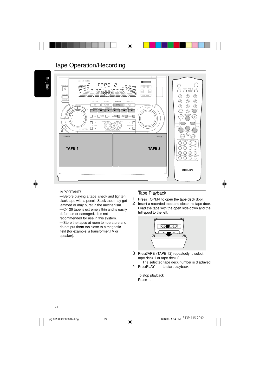 Philips P880 Tape Operation/Recording, Tape Playback, Press # Open to open the tape deck door, To stop playback Press Ç 