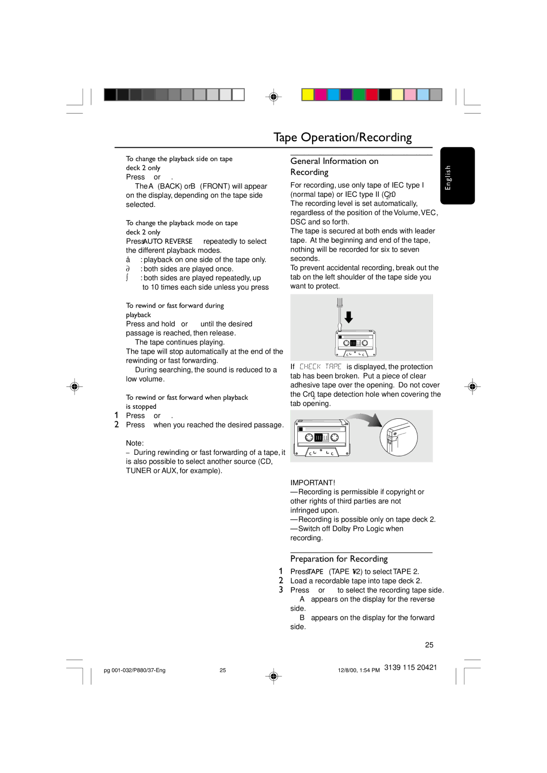 Philips P880 manual General Information on Recording, Preparation for Recording 