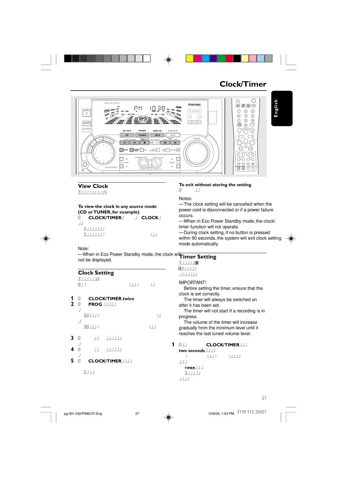 Philips P880 manual Clock/Timer, View Clock, Clock Setting, Timer Setting, Press CLOCK/TIMER twice 