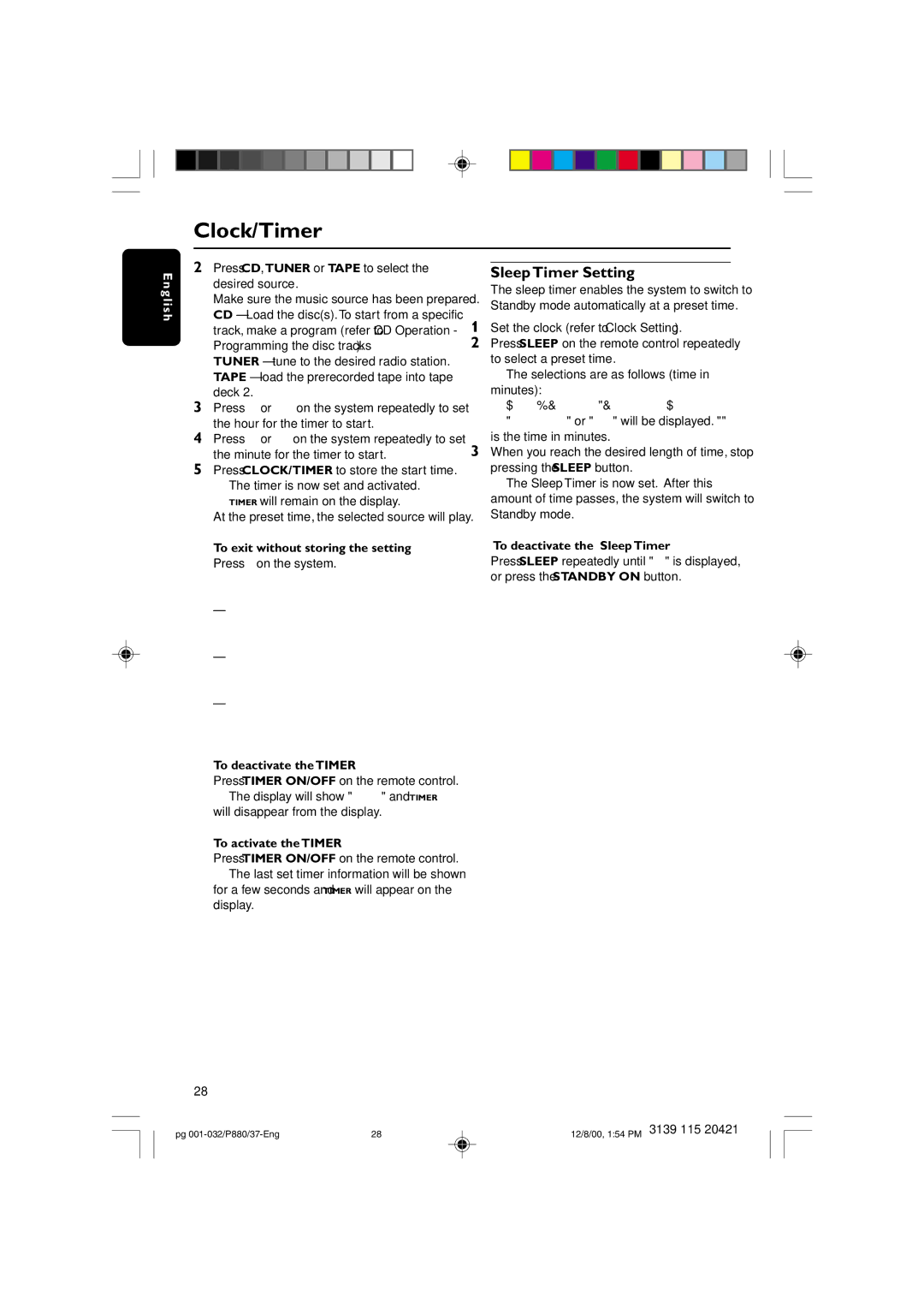 Philips P880 manual Sleep Timer Setting, To deactivate the Timer, To activate the Timer, To deactivate the Sleep Timer 