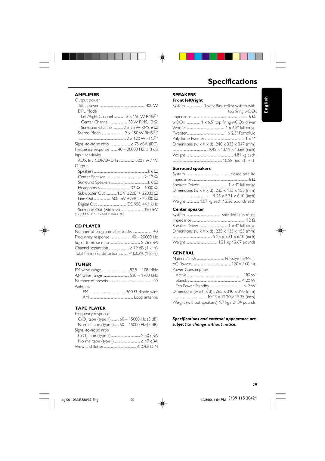 Philips P880 manual Specifications 