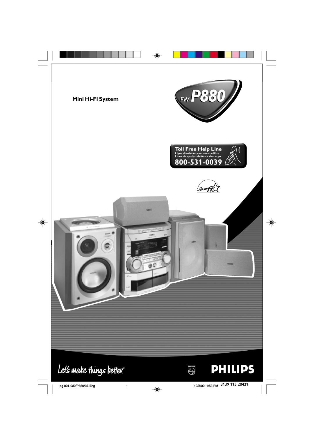 Philips manual Mini Hi-Fi System, FW -P880, Toll Free Help Line, pg 001-032/P880/37-Eng, 12/8/00, 153 PM 