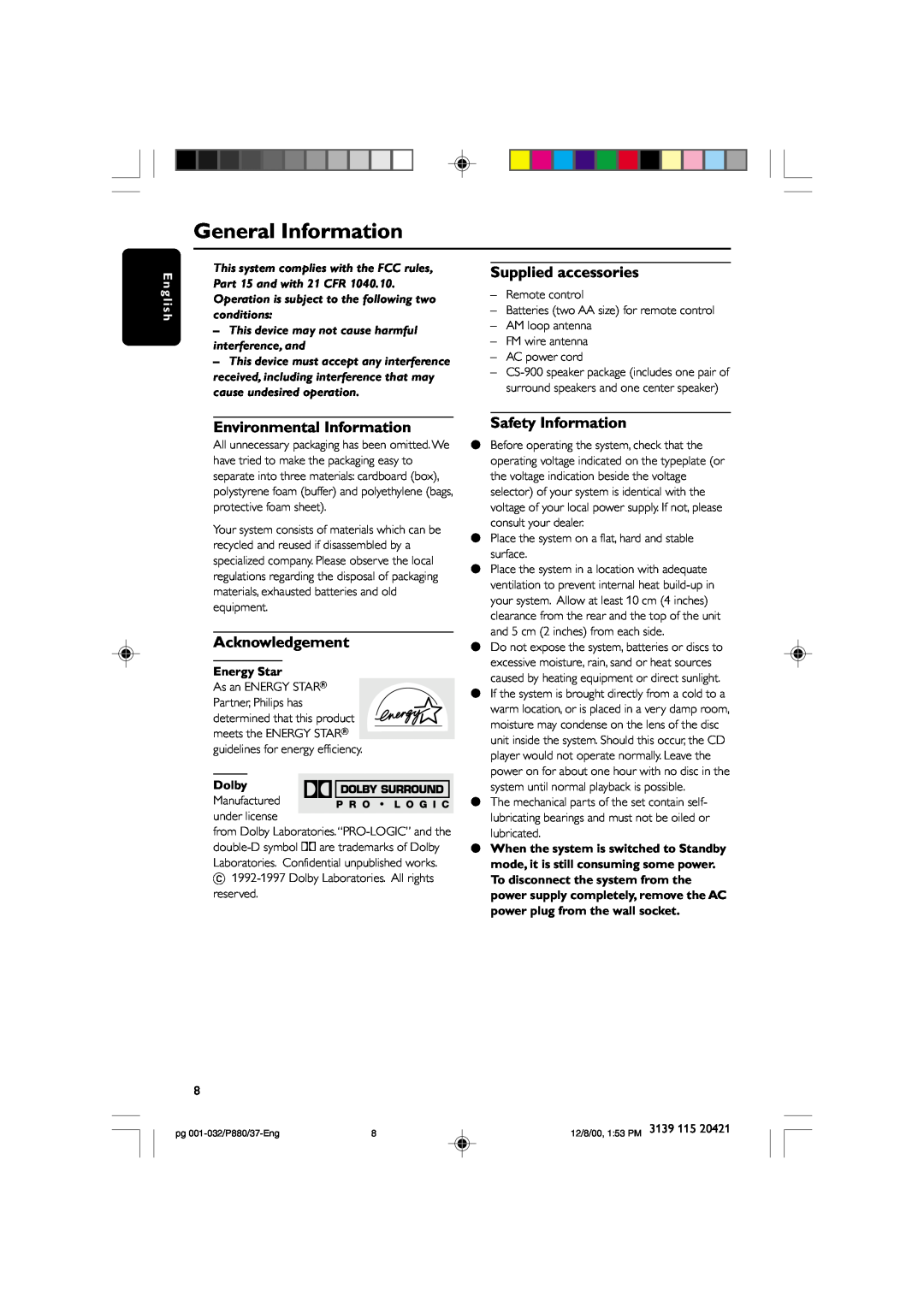 Philips P880 manual General Information, E n g l i s h, This device may not cause harmful interference, and, Energy Star 