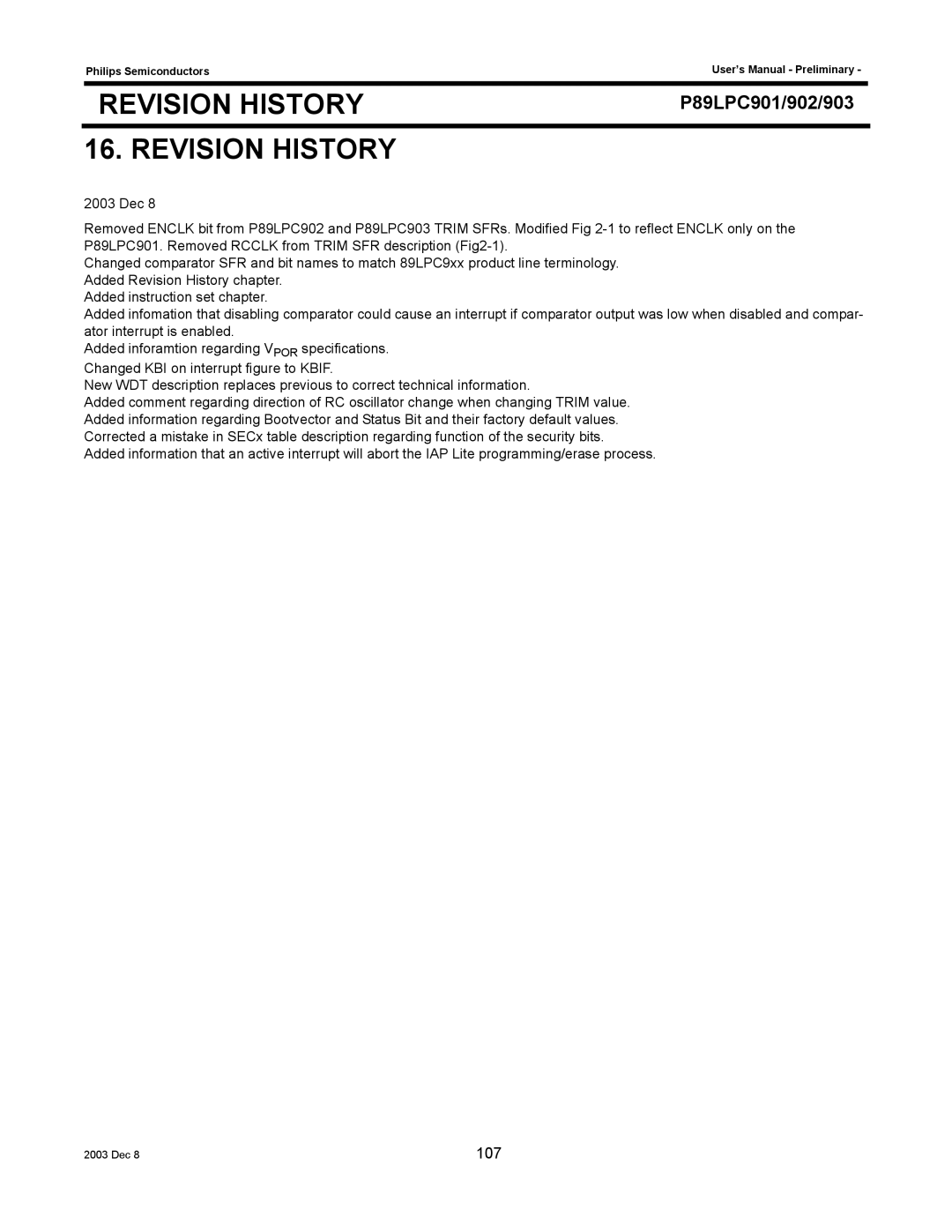 Philips P89LPC902, P89LPC901, P89LPC903 user manual Revision History 