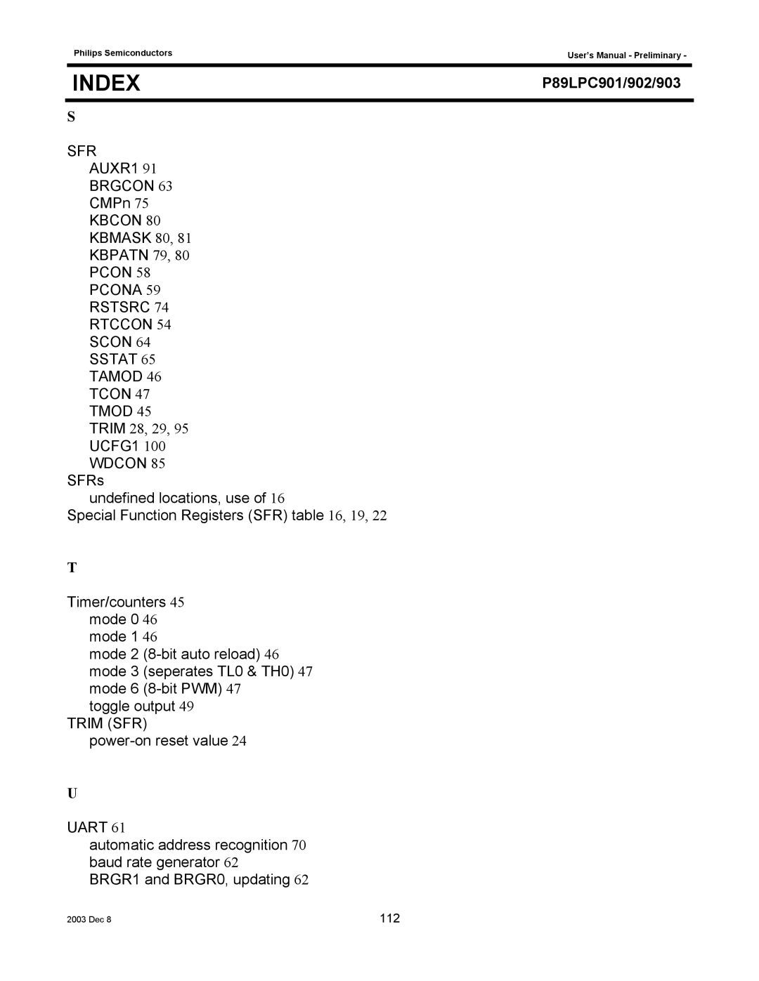 Philips P89LPC903, P89LPC901, P89LPC902 user manual Sfr 