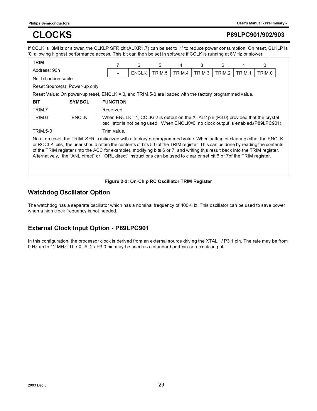 Philips P89LPC902, P89LPC903 Watchdog Oscillator Option, External Clock Input Option P89LPC901, Trim, BIT Symbol Function 