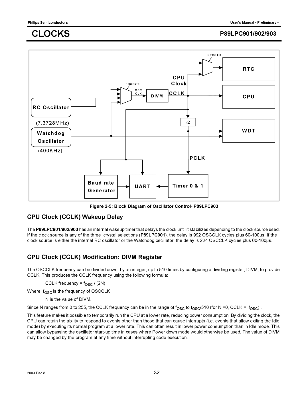 Philips P89LPC902, P89LPC901 CPU Clock Cclk Wakeup Delay, CPU Clock Cclk Modification Divm Register, L K, O sc illa to r 