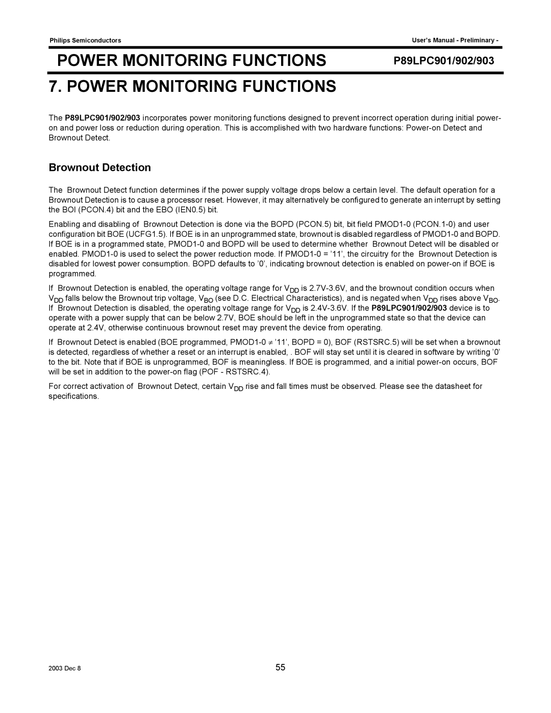 Philips P89LPC903, P89LPC901, P89LPC902 user manual Brownout Detection 