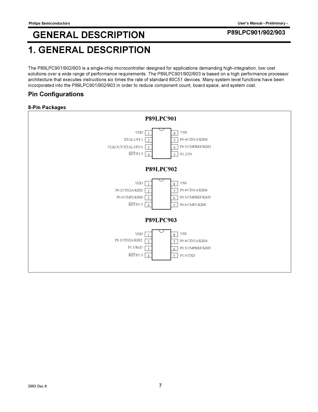 Philips P89LPC903, P89LPC901 user manual Pin Configurations, P89LPC902 