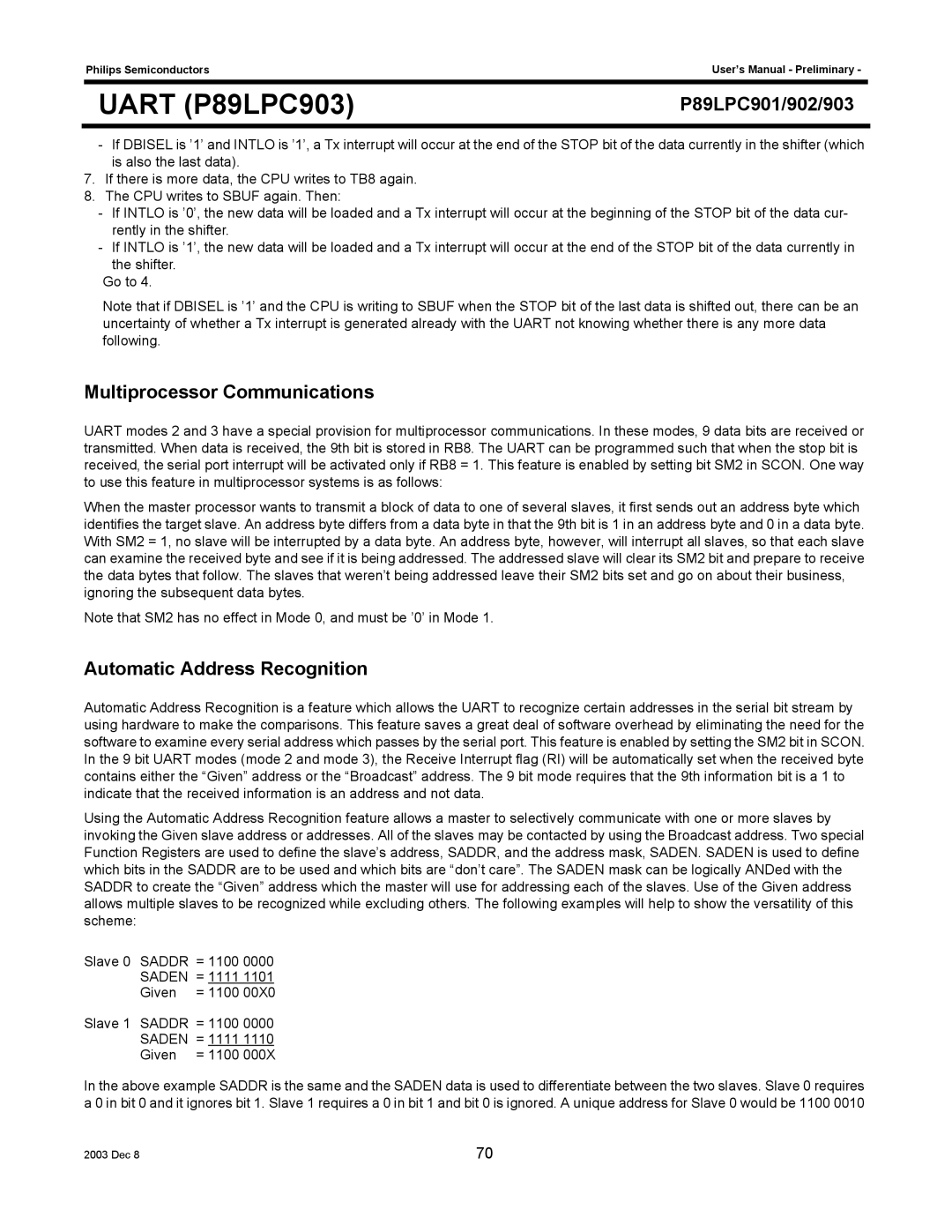 Philips P89LPC903, P89LPC901, P89LPC902 user manual Multiprocessor Communications, Automatic Address Recognition 