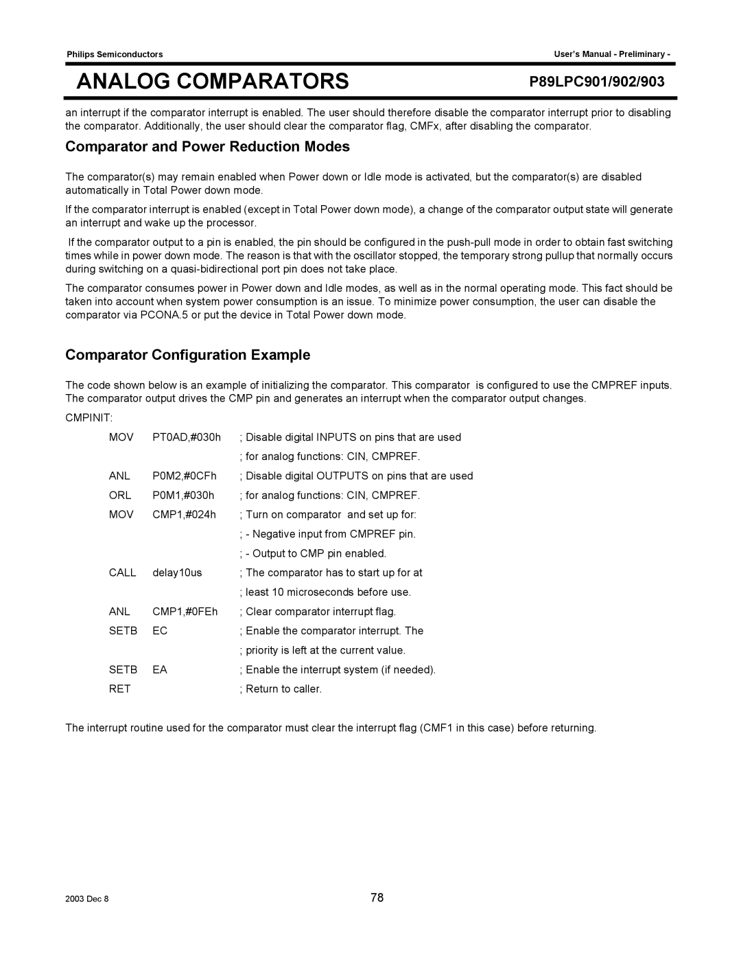 Philips P89LPC901, P89LPC903, P89LPC902 user manual Comparator and Power Reduction Modes, Comparator Configuration Example 