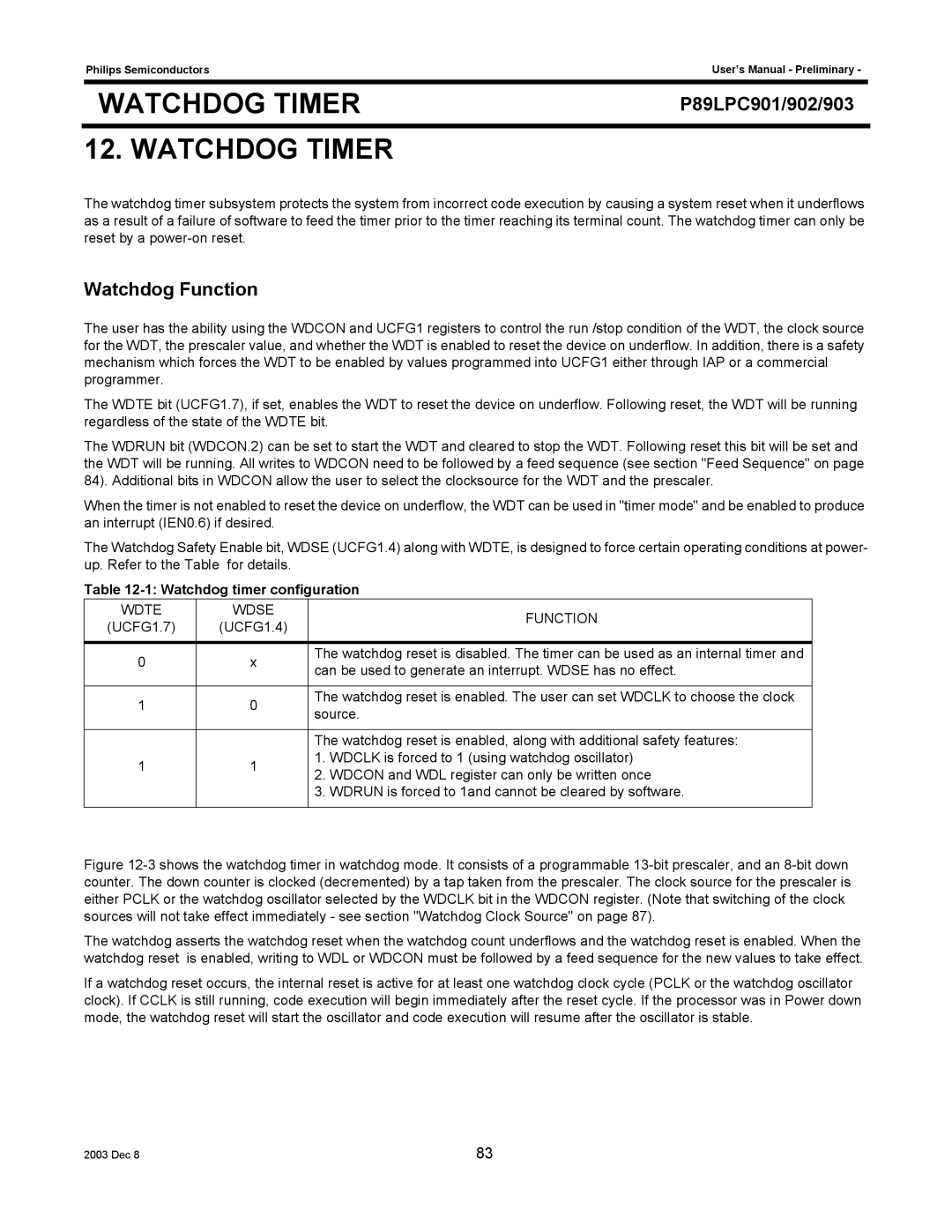 Philips P89LPC902, P89LPC901, P89LPC903 user manual Watchdog Function, Watchdog timer configuration, Wdte Wdse Function 
