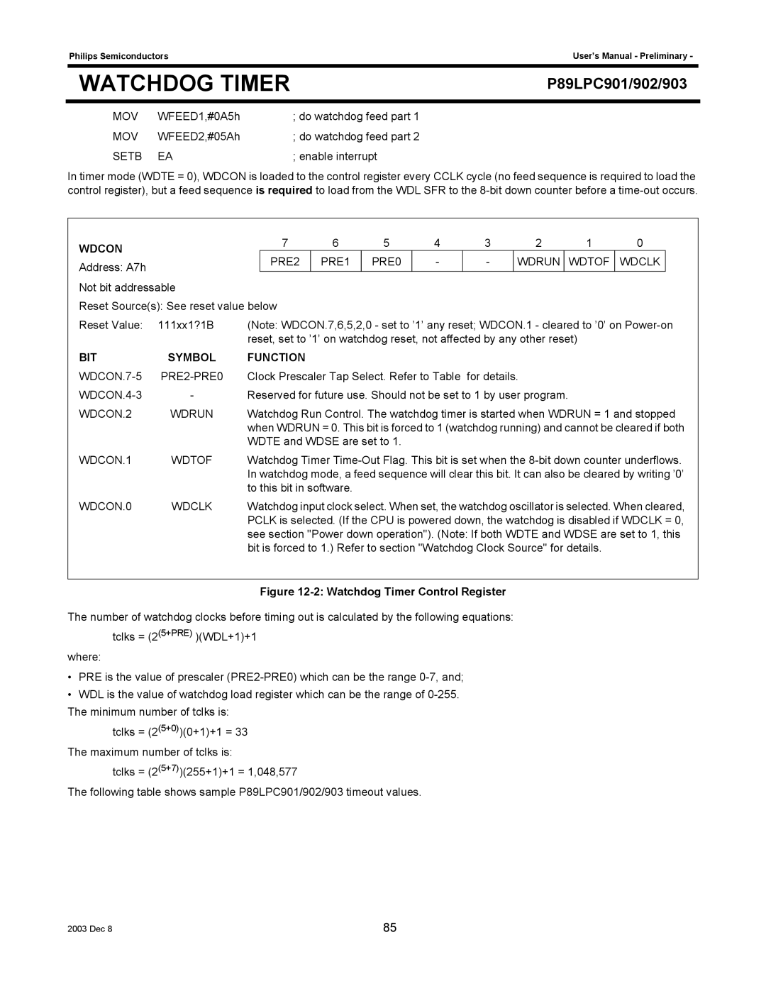 Philips P89LPC903, P89LPC901, P89LPC902 user manual Wdcon 