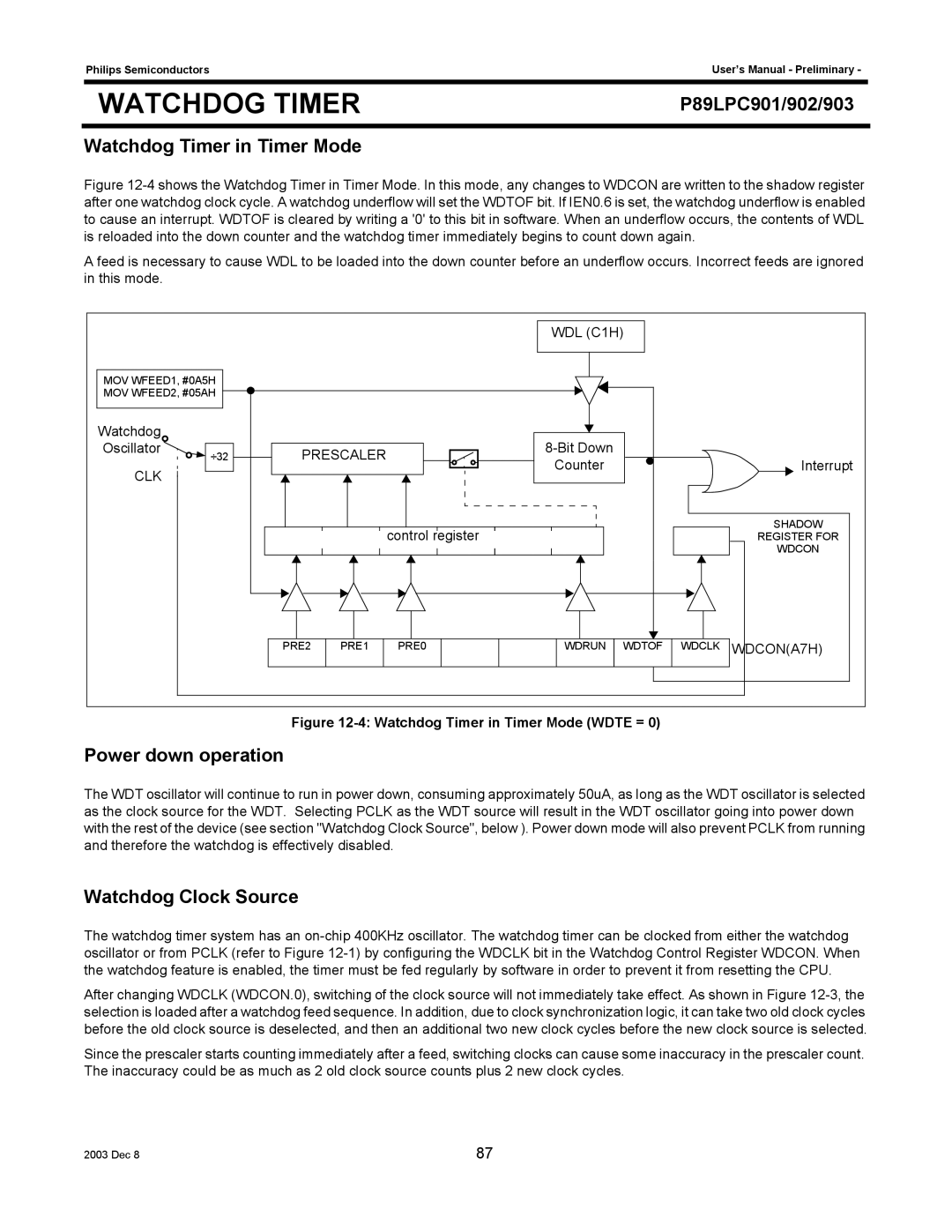 Philips P89LPC901/902/903 Watchdog Timer in Timer Mode, Power down operation, Watchdog Clock Source, Prescaler, Clk 