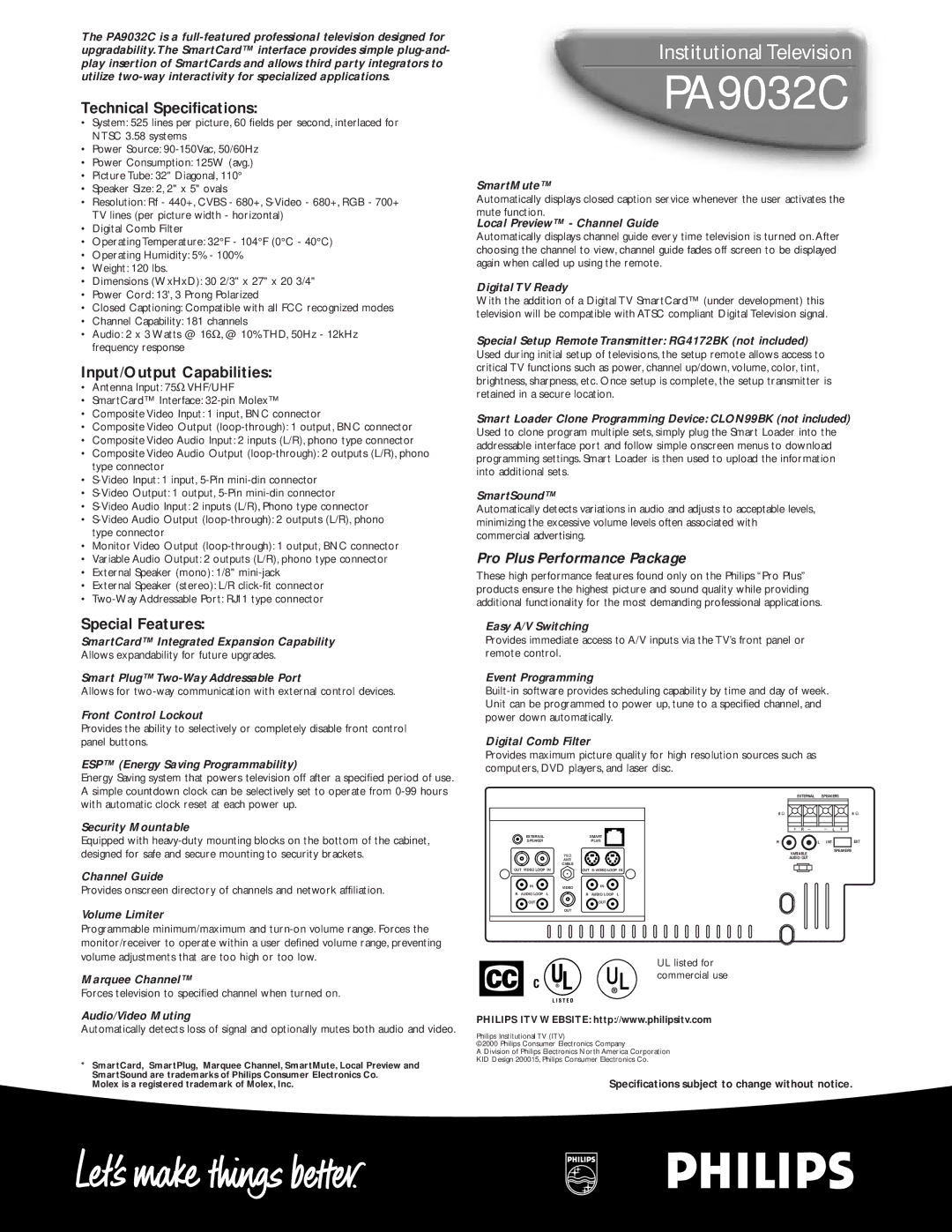 Philips PA9032C manual Technical Specifications, Input/Output Capabilities, Special Features, Pro Plus Performance Package 