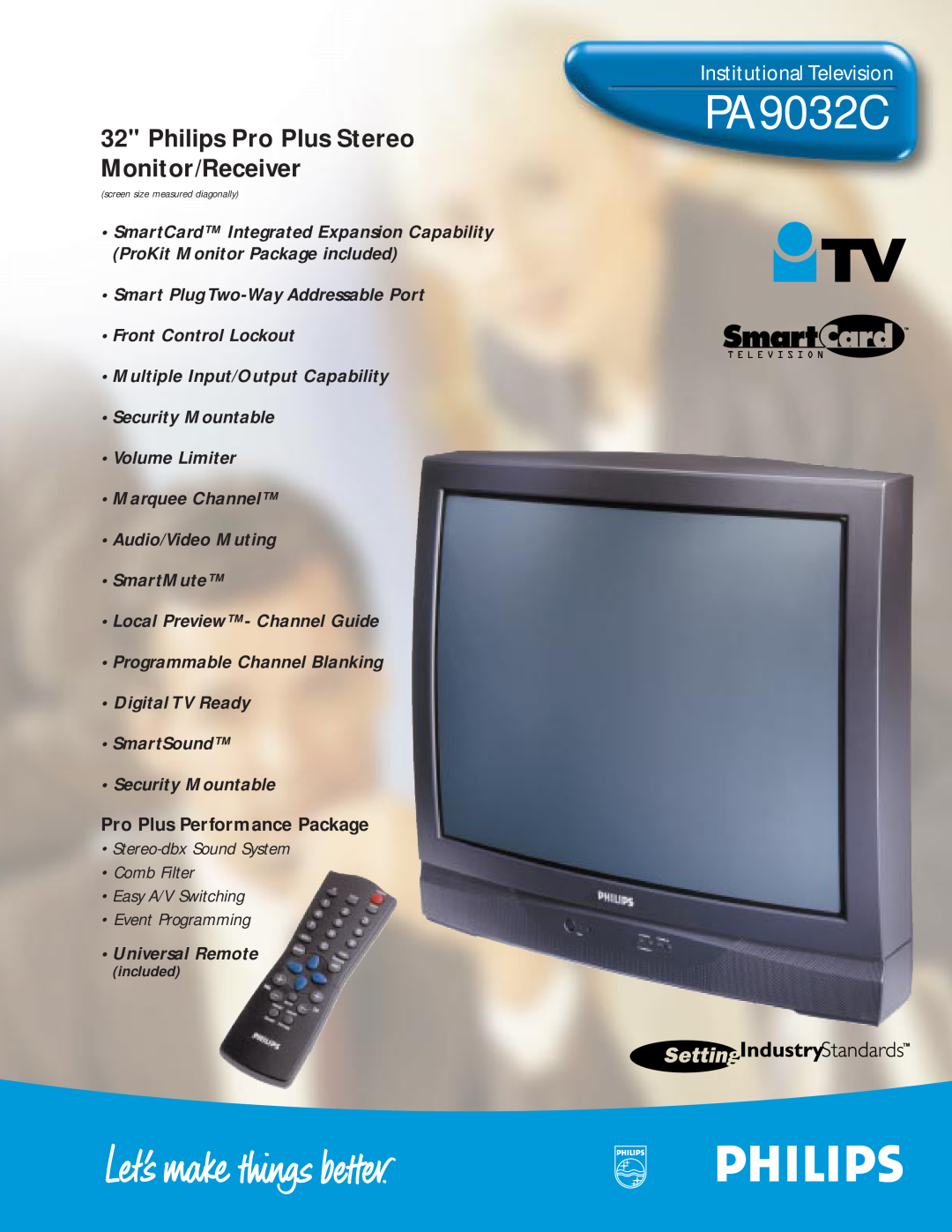 Philips PA9032C manual Institutional Television, Philips Pro Plus Stereo Monitor/Receiver, Pro Plus Performance Package 