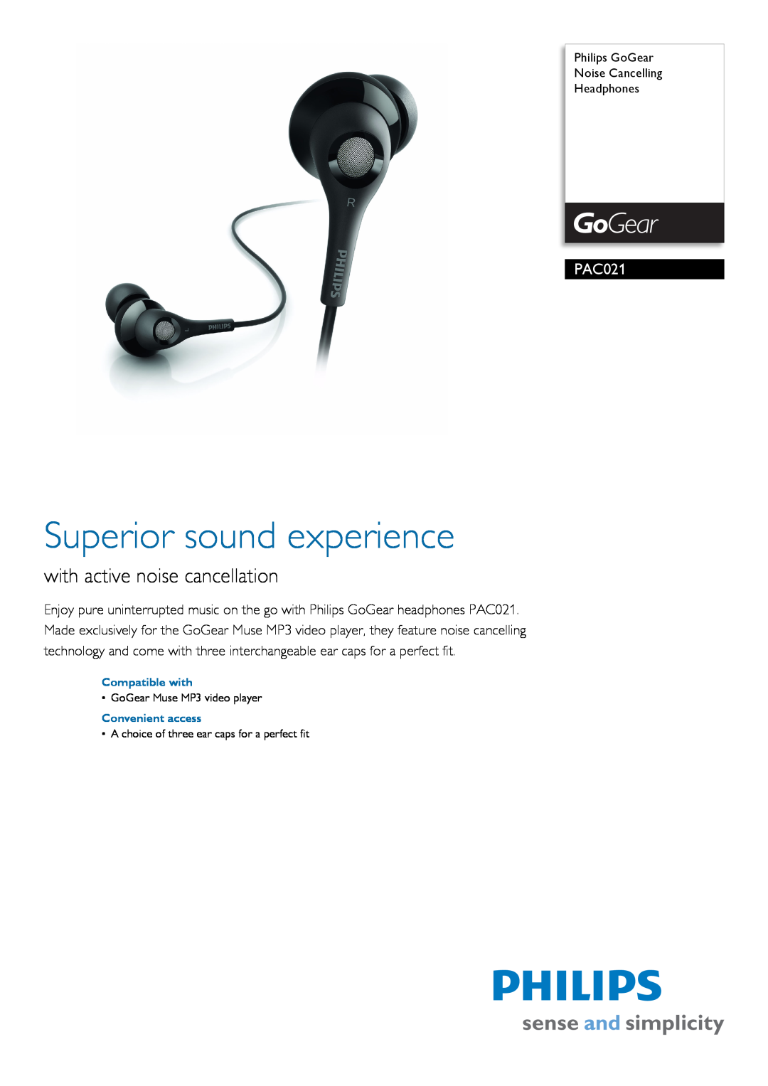 Philips PAC021/00 manual Superior sound experience, with active noise cancellation 