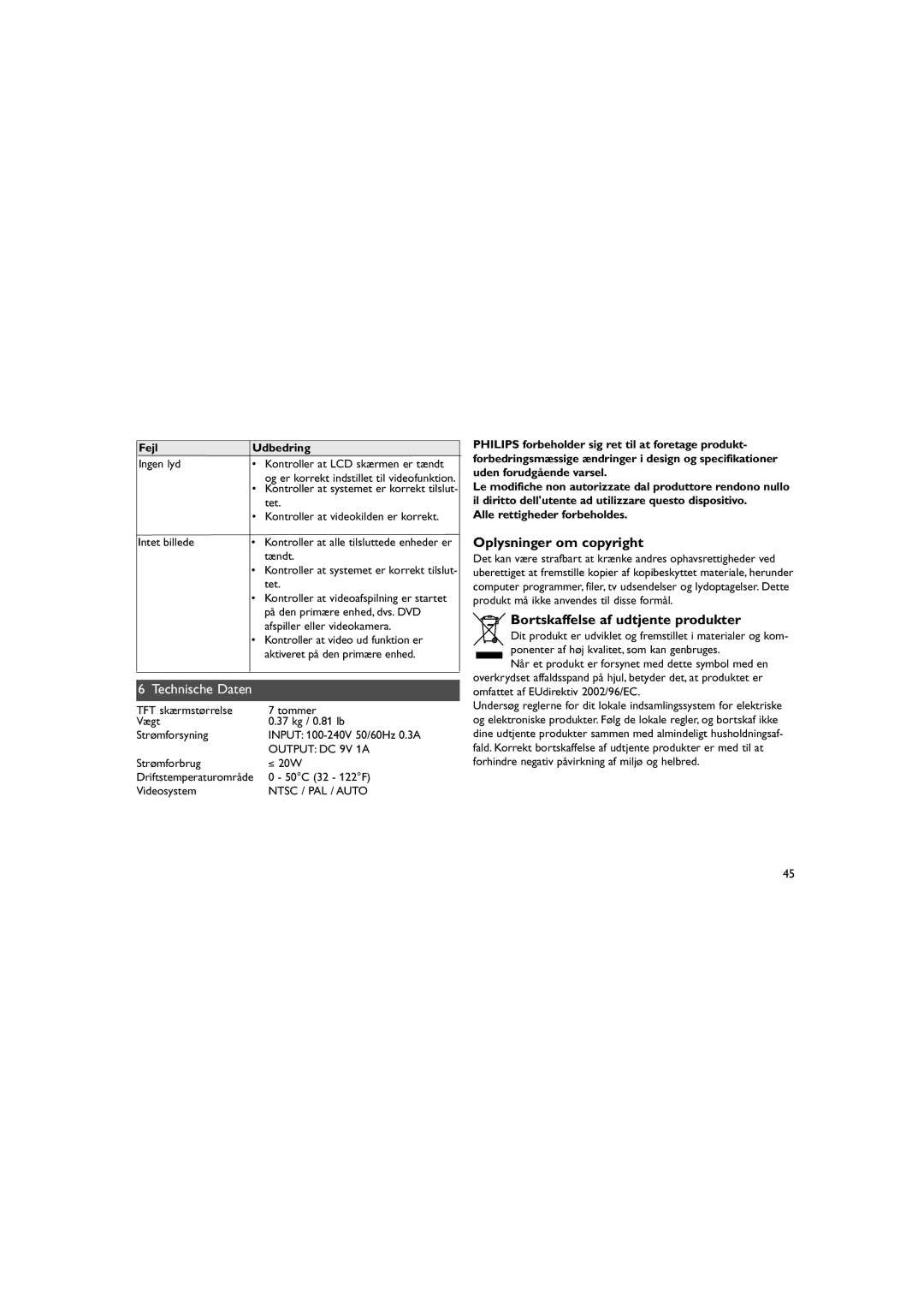 Philips PAC132 Oplysninger om copyright, Bortskaffelse af udtjente produkter, Fejl Udbedring, Alle rettigheder forbeholdes 