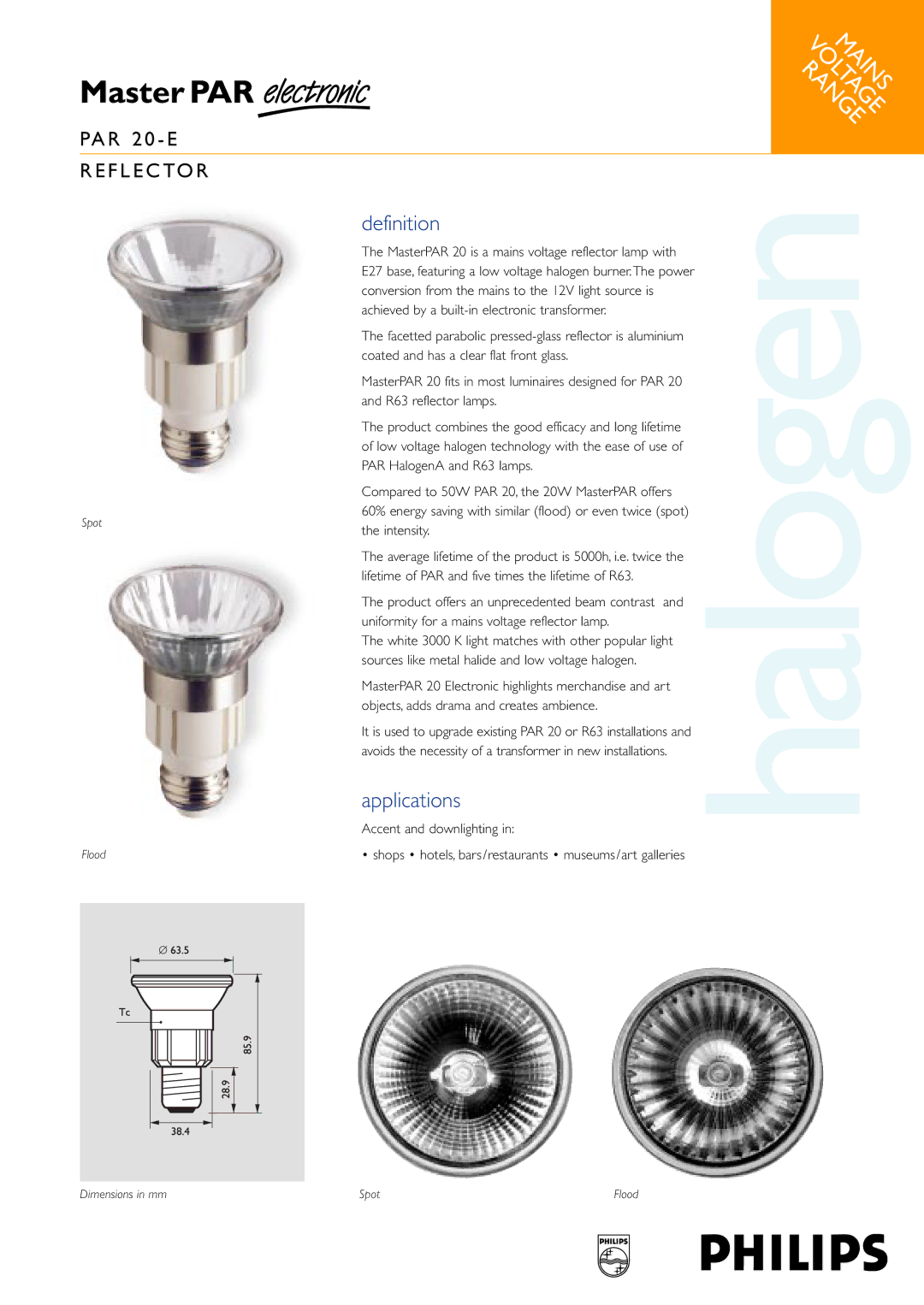 Philips PAR 20-E dimensions Halogen, Definition, Applications 