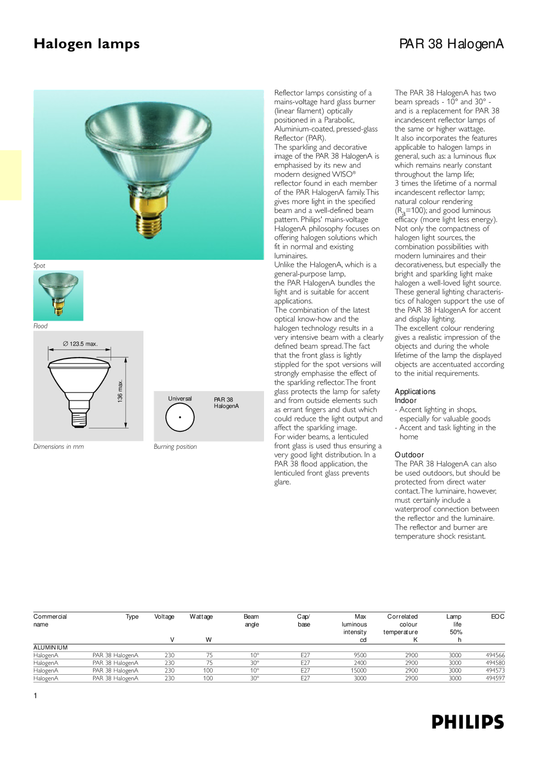 Philips PAR 38 dimensions Spot Flood, Dimensions in mm 