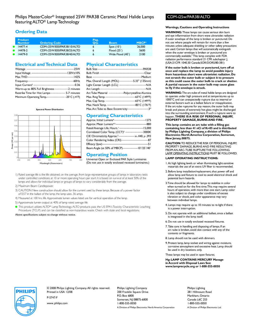 Philips PAR38/ALTO manual Ordering Data, Electrical andTechnical Data, Physical Characteristics, Operating Characteristics 