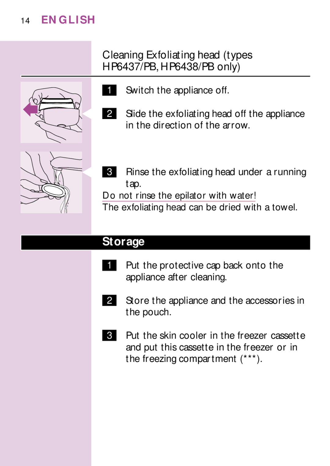 Philips HP6436, PB3, HP6475, HP6435, HP6479 manual Cleaning Exfoliating head types HP6437/PB, HP6438/PB only, Storage 