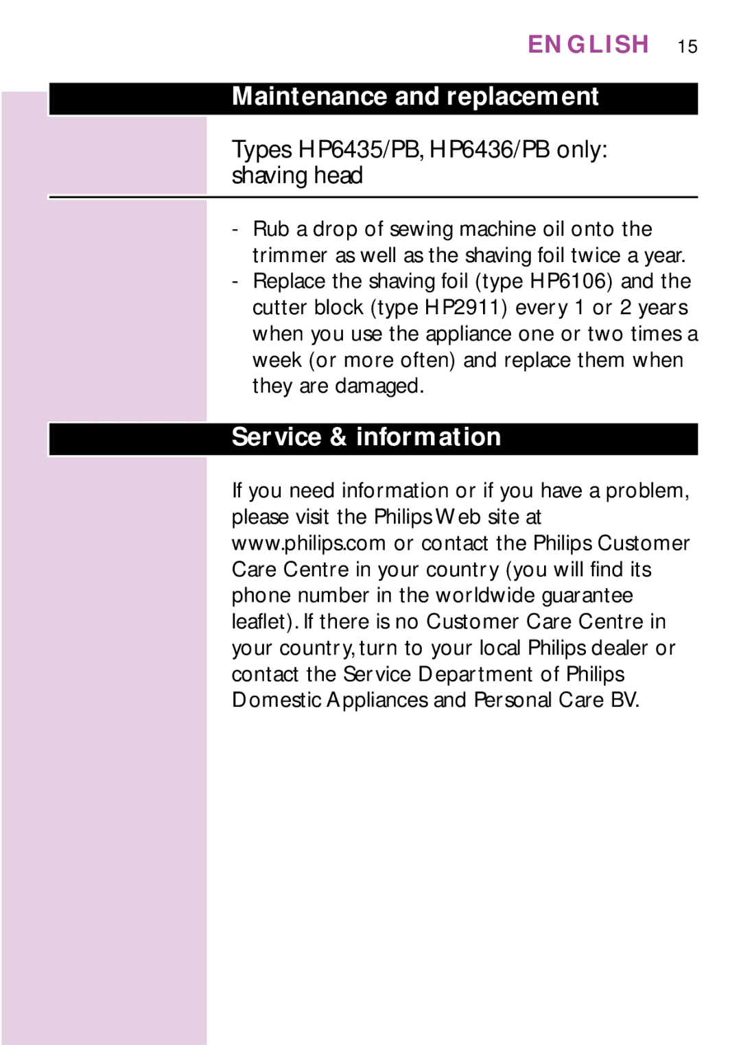 Philips HP6437, PB3 manual Maintenance and replacement, Types HP6435/PB, HP6436/PB only shaving head, Service & information 