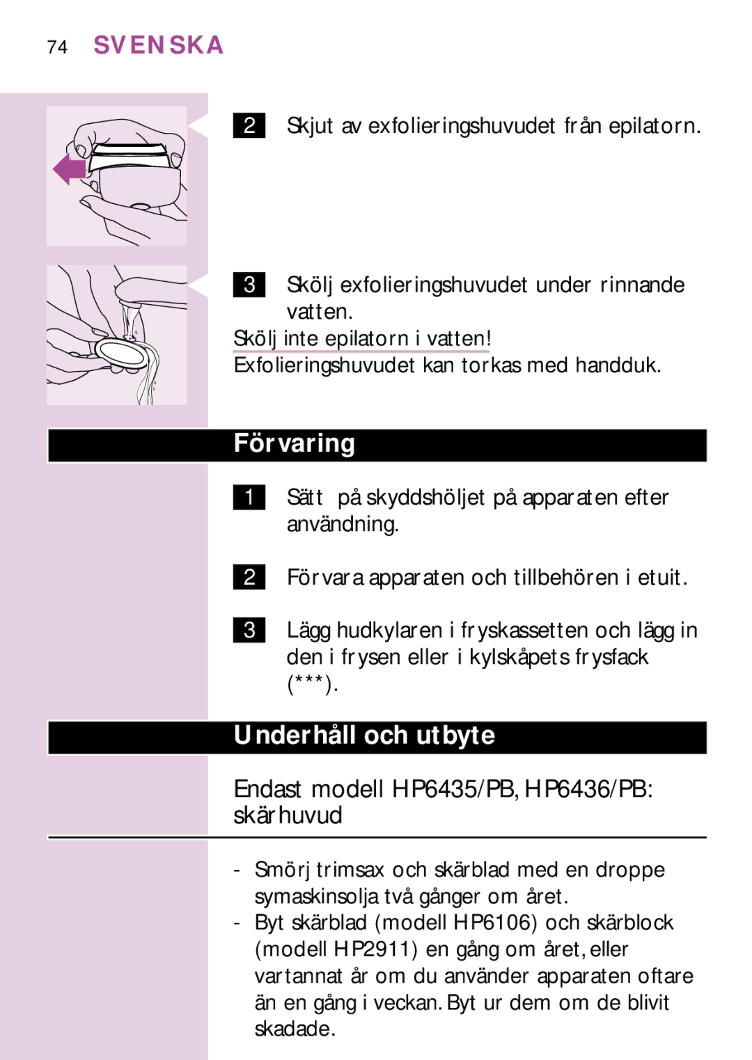 Philips HP6475, PB3, HP6479, HP6437 manual Förvaring, Underhåll och utbyte, Endast modell HP6435/PB, HP6436/PB skärhuvud 