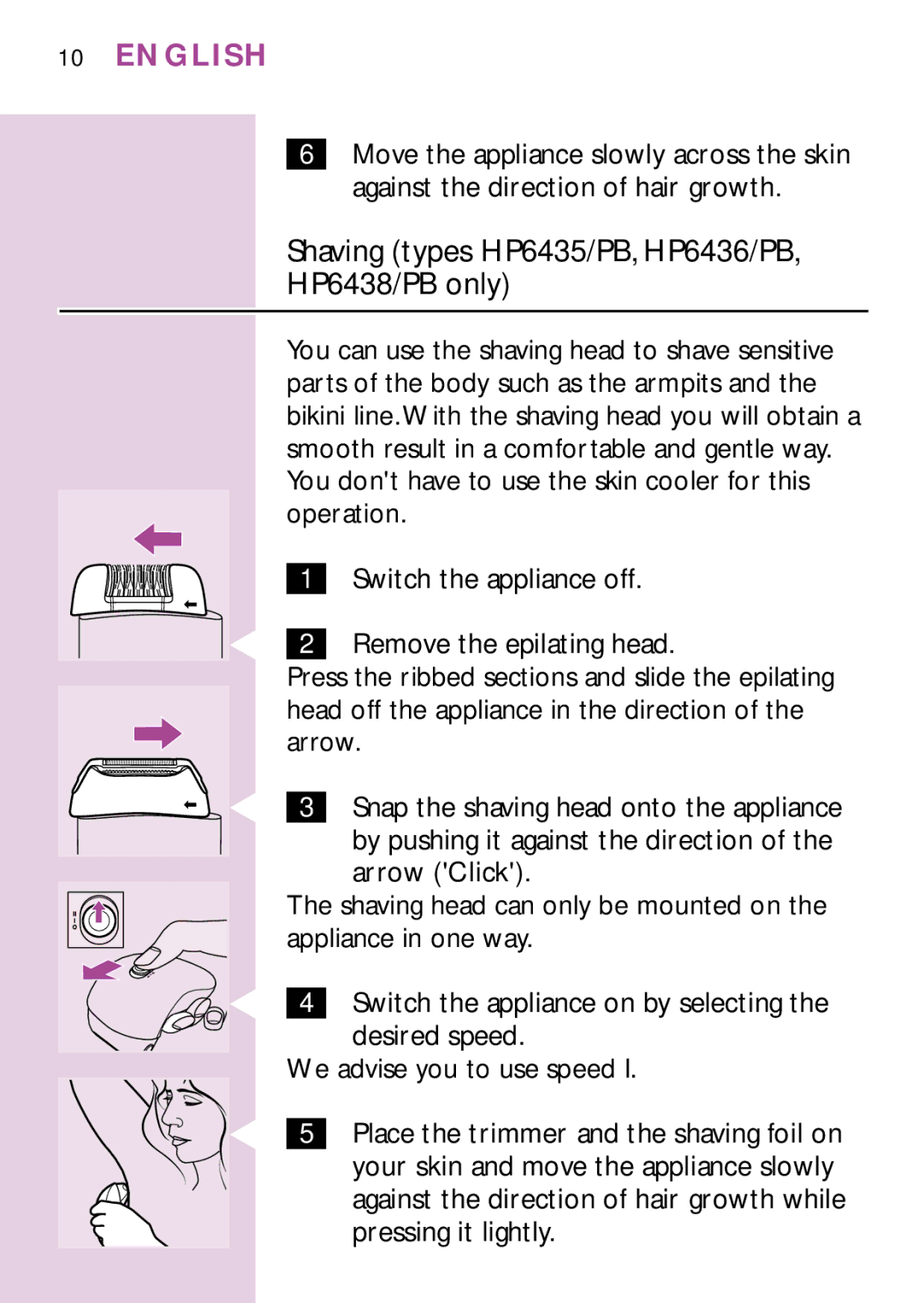 Philips PB3, HP6475, HP6479, HP6437 manual Shaving types HP6435/PB, HP6436/PB HP6438/PB only 