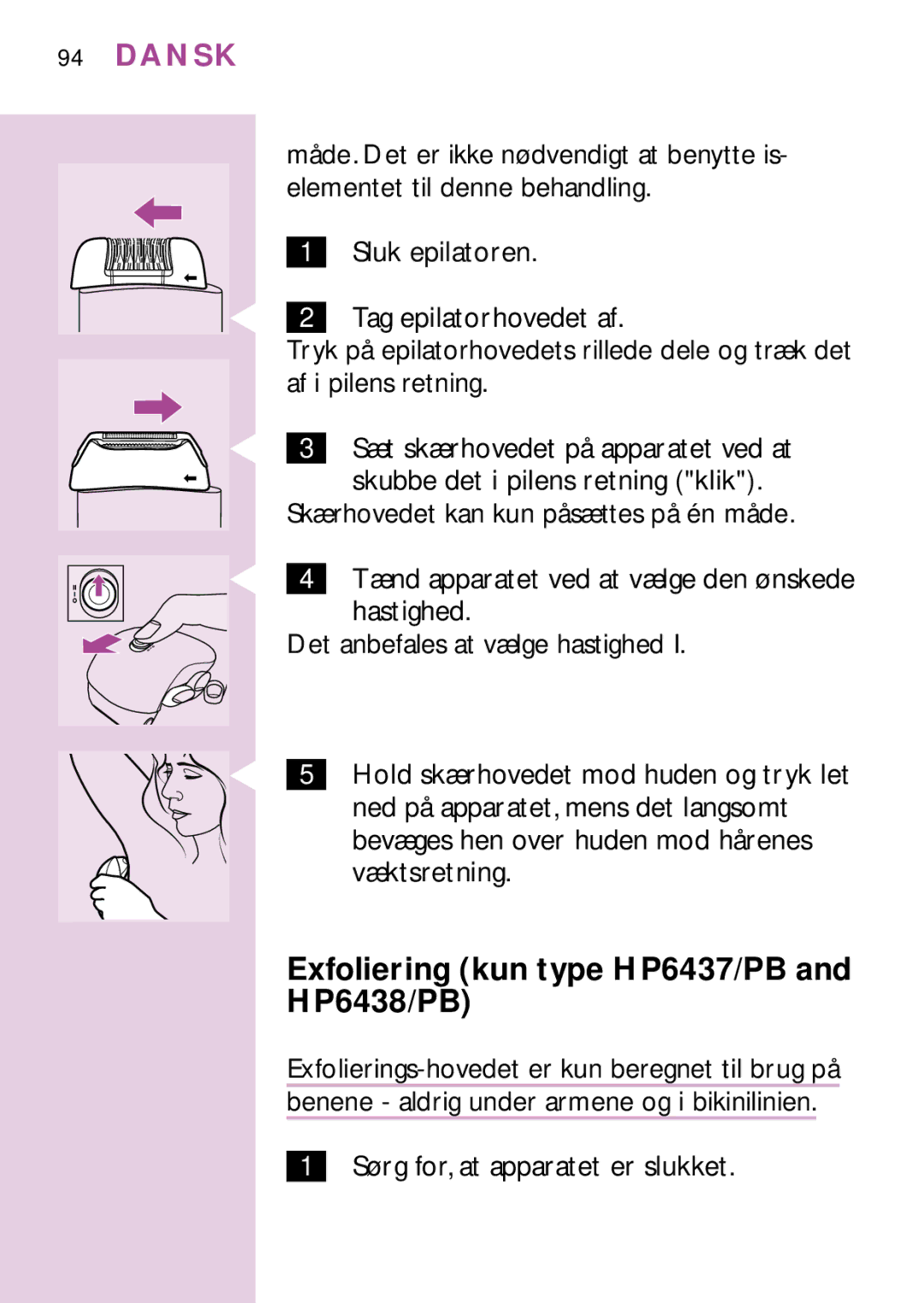 Philips PB3, HP6475, HP6435, HP6479, HP6436 manual Exfoliering kun type HP6437/PB HP6438/PB 