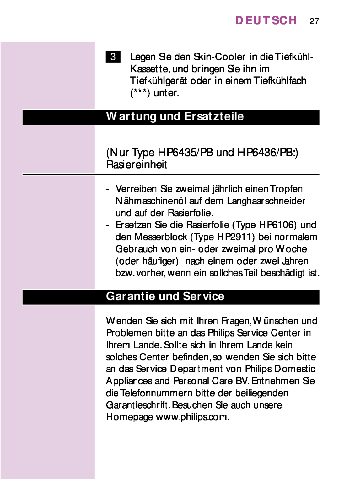 Philips HP6479, PB3 Wartung und Ersatzteile, Nur Type HP6435/PB und HP6436/PB Rasiereinheit, Garantie und Service, Deutsch 