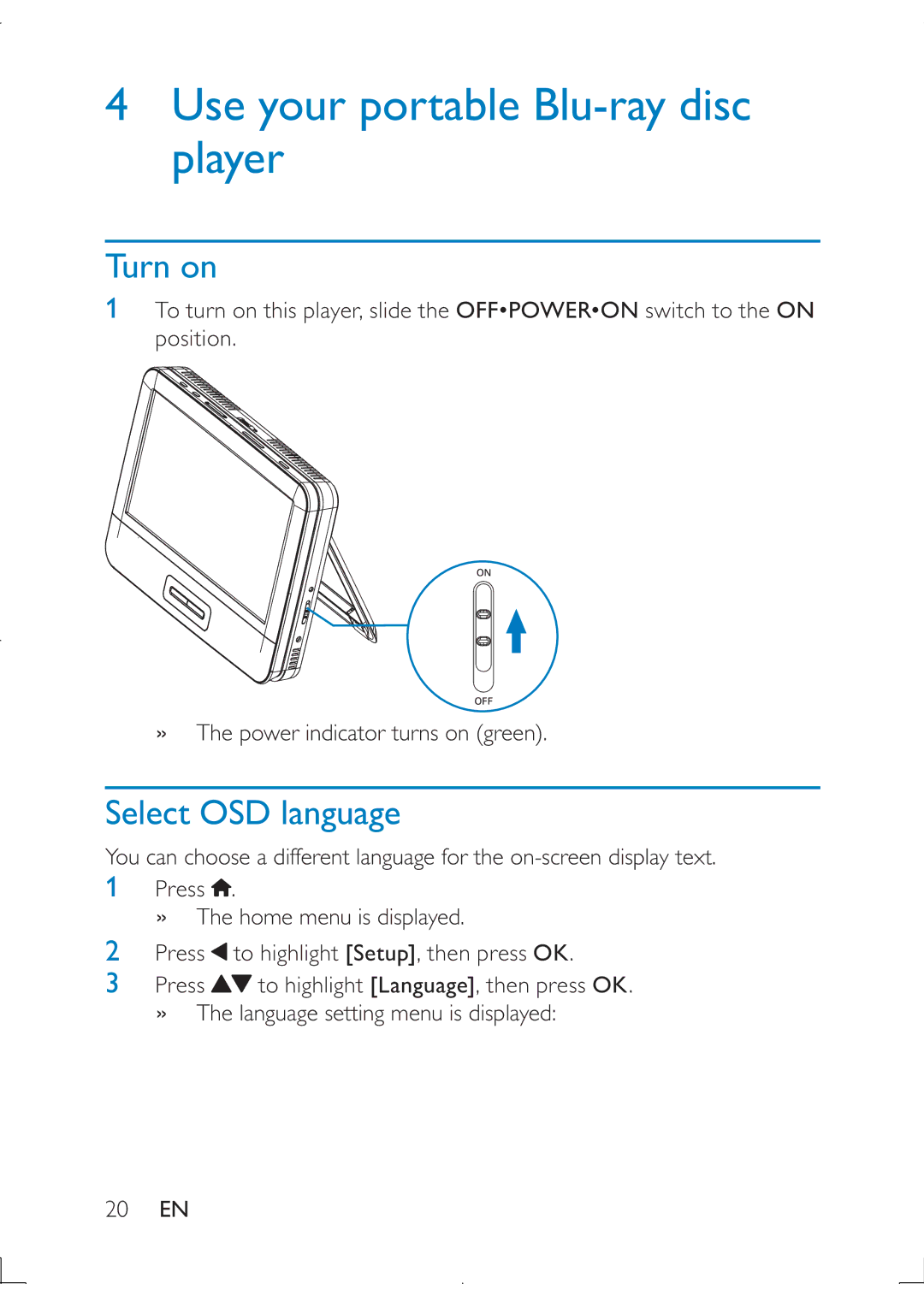 Philips PB9011 manual Use your portable Blu-ray disc player, Turn on, Select OSD language 