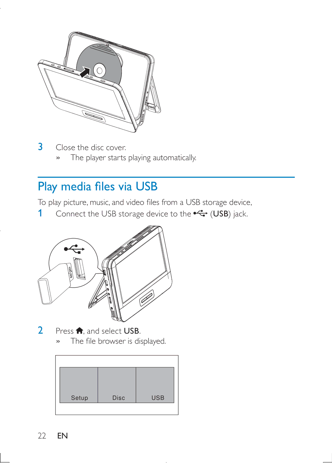 Philips PB9011 manual Play media ﬁles via USB 