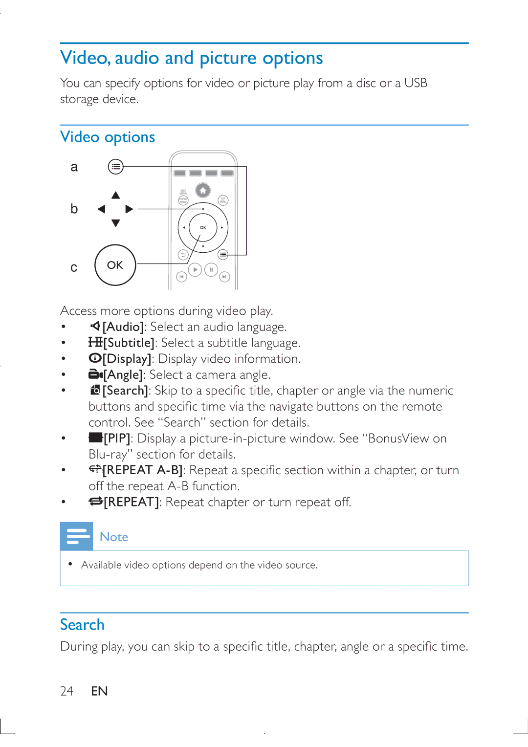 Philips PB9011 manual Video, audio and picture options, Video options, Search 