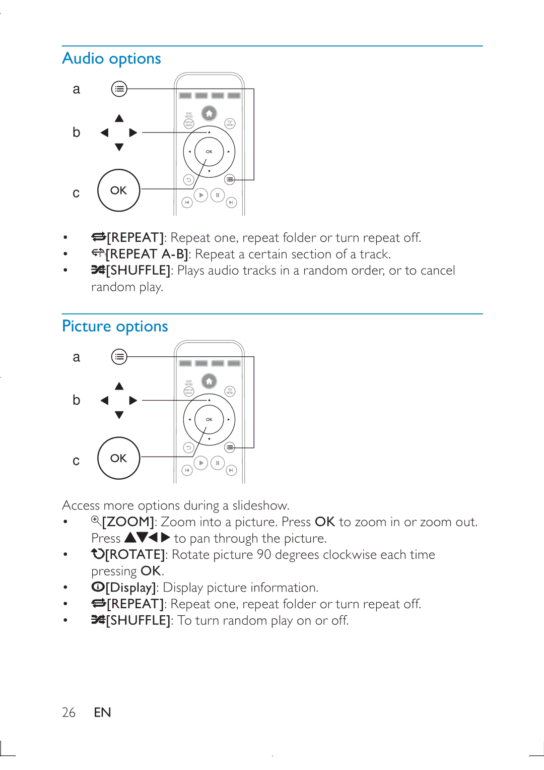 Philips PB9011 manual Audio options, Picture options 