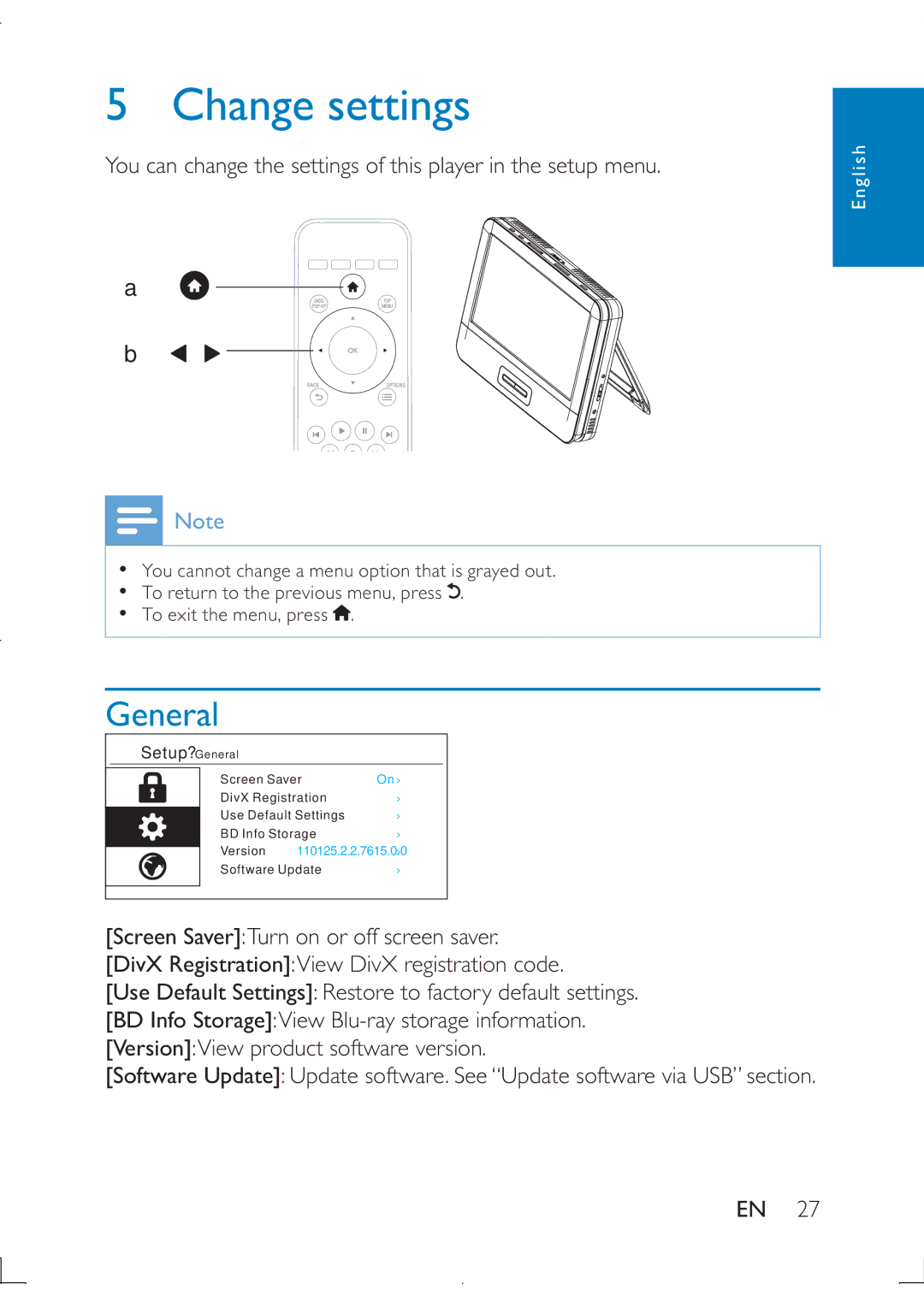 Philips PB9011 manual Change settings, General 