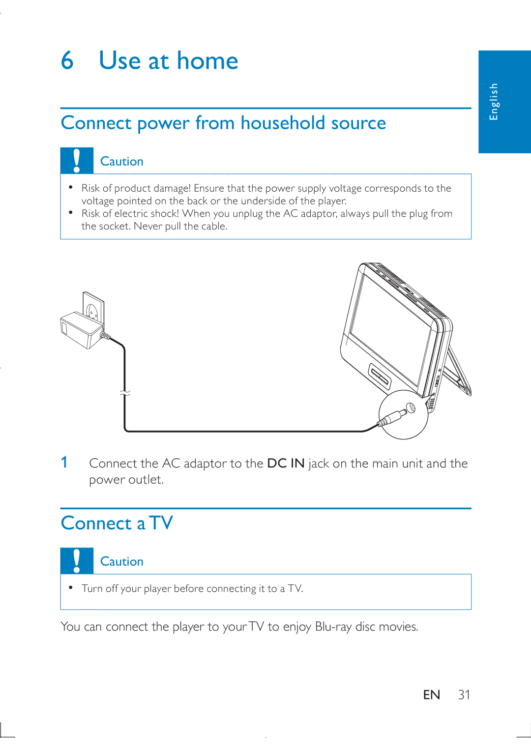 Philips PB9011 manual Use at home, Connect power from household source, Connect a TV 