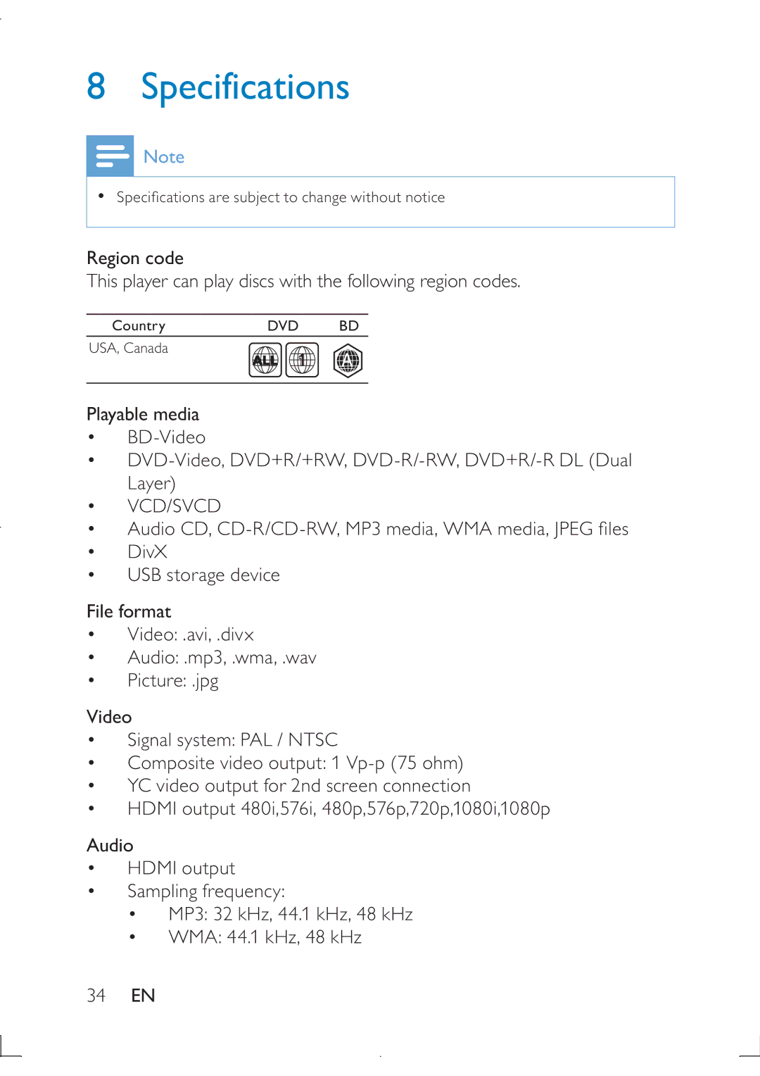 Philips PB9011 manual Specifications, Vcd/Svcd 