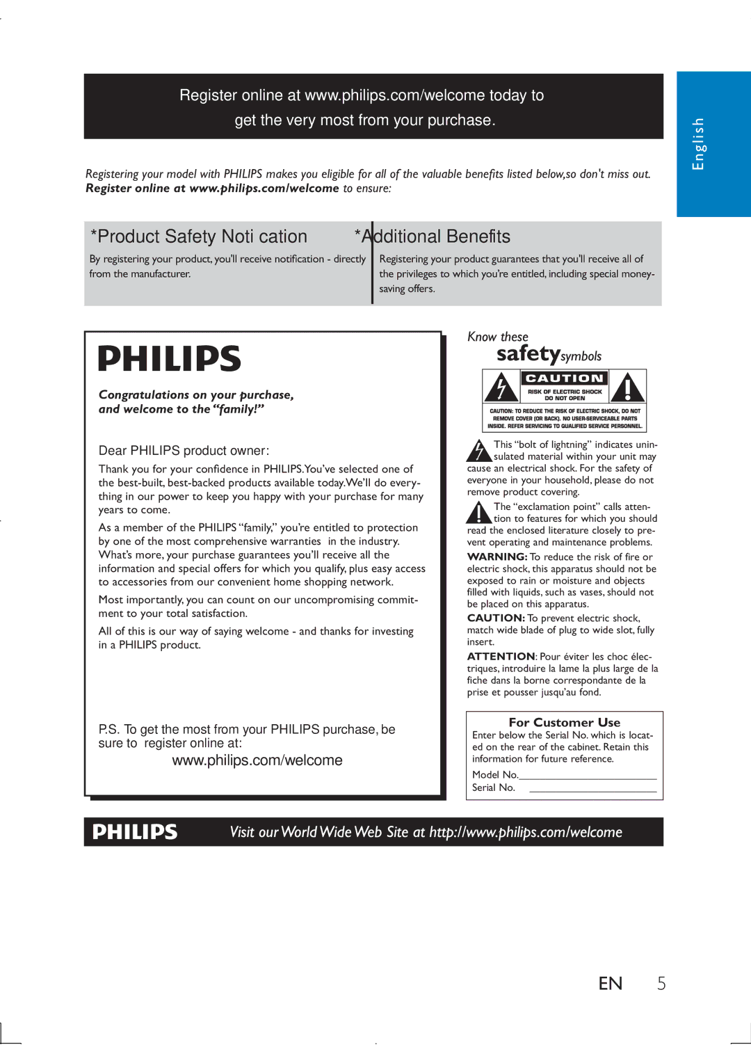 Philips PB9011 manual Product Safety Notiﬁcation Additional Benefits 