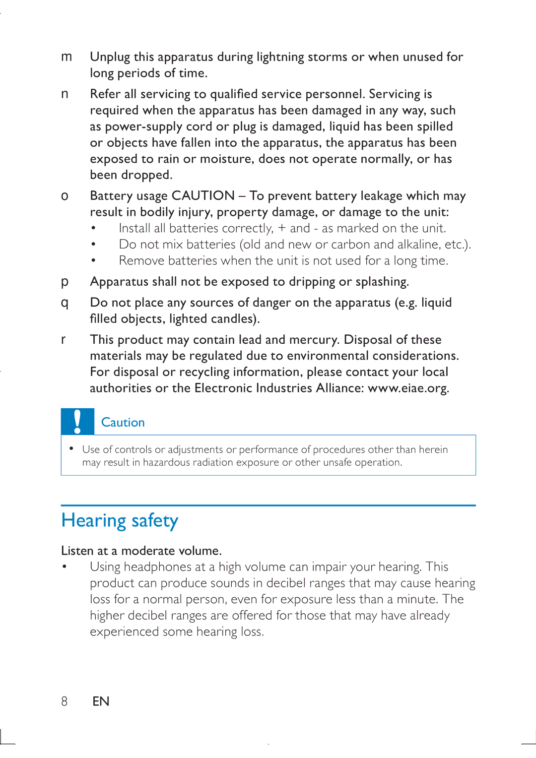 Philips PB9011 manual Hearing safety 