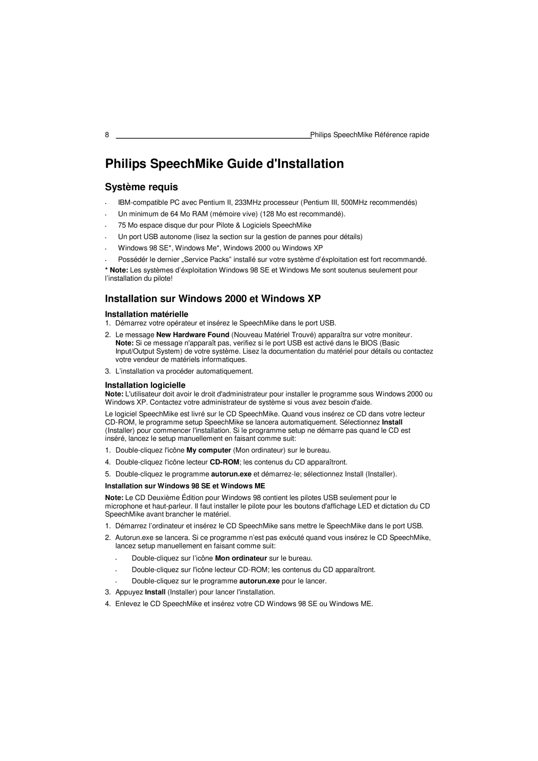 Philips PC-Dictation Microphone manual Système requis, Installation sur Windows 2000 et Windows XP 