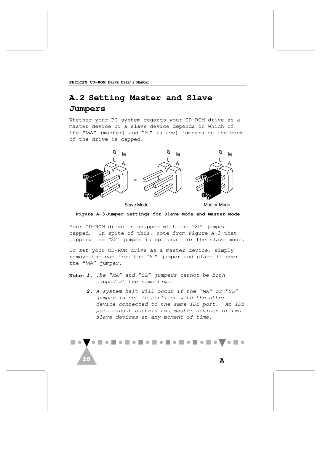 Philips PCA103CD user manual Setting Master and Slave Jumpers, Slave Mode Master Mode 