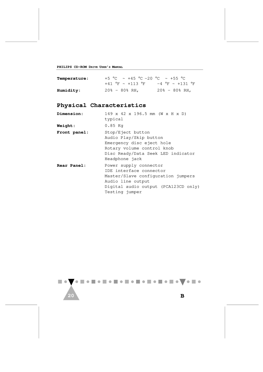 Philips PCA103CD user manual Physical Characteristics, Front panel 