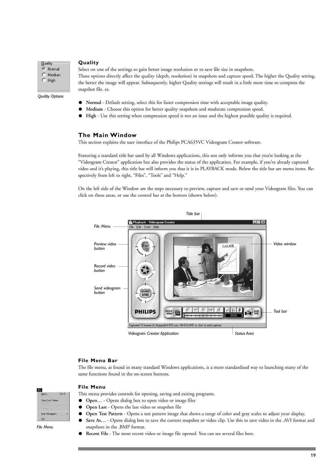 Philips PCA635VC manual Main Window, File Menu Bar 