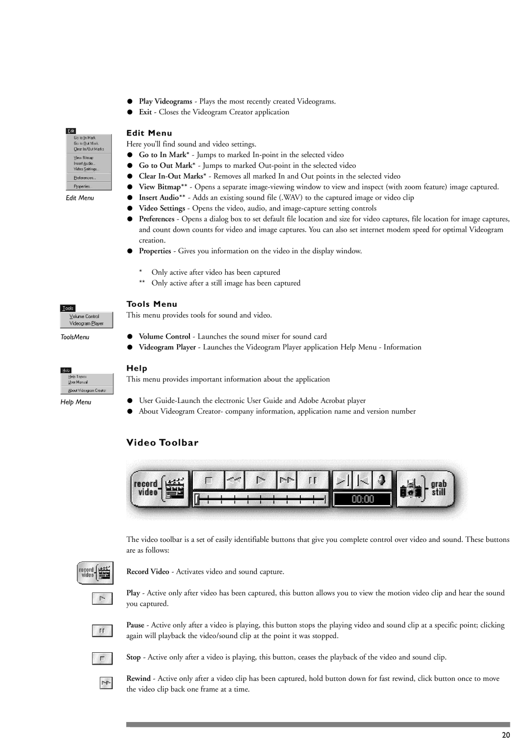 Philips PCA635VC manual Video Toolbar, Edit Menu, Tools Menu, Help 