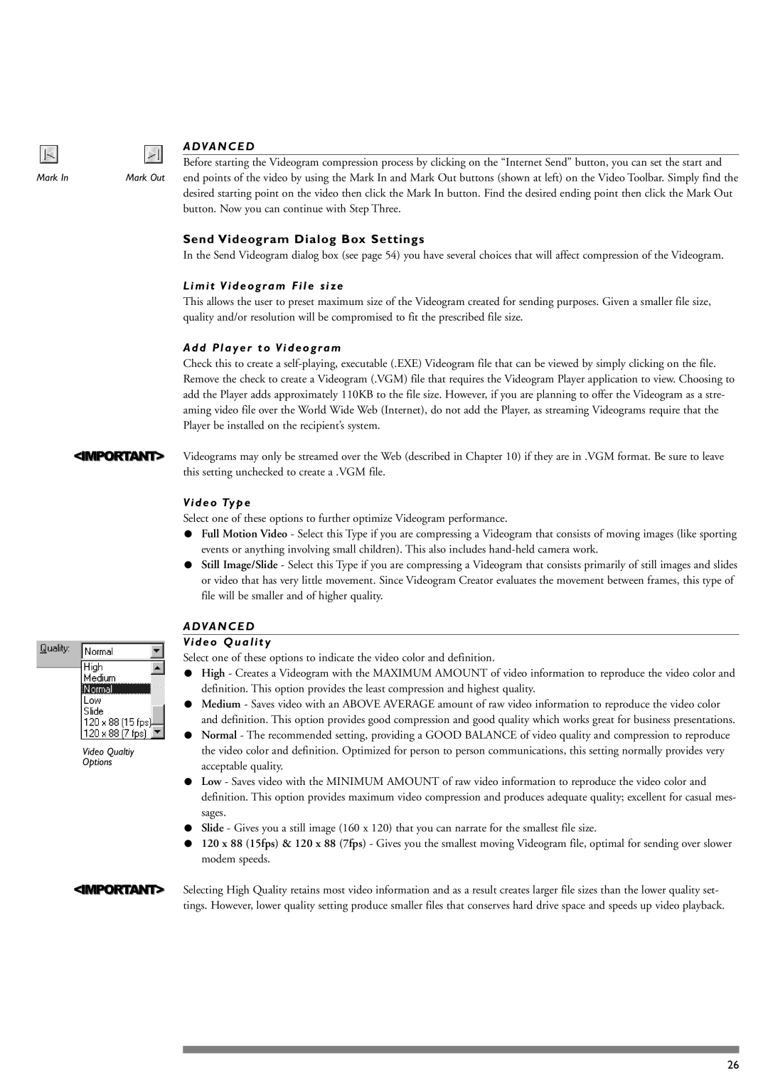 Philips PCA635VC manual Send Videogram Dialog Box Settings, Mark Mark Out 