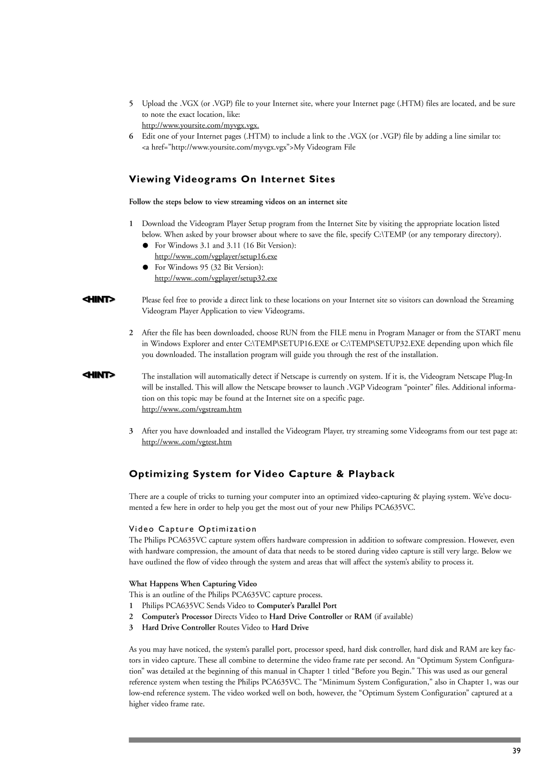 Philips PCA635VC manual Viewing Videograms On Internet Sites, Optimizing System for Video Capture & Playback 