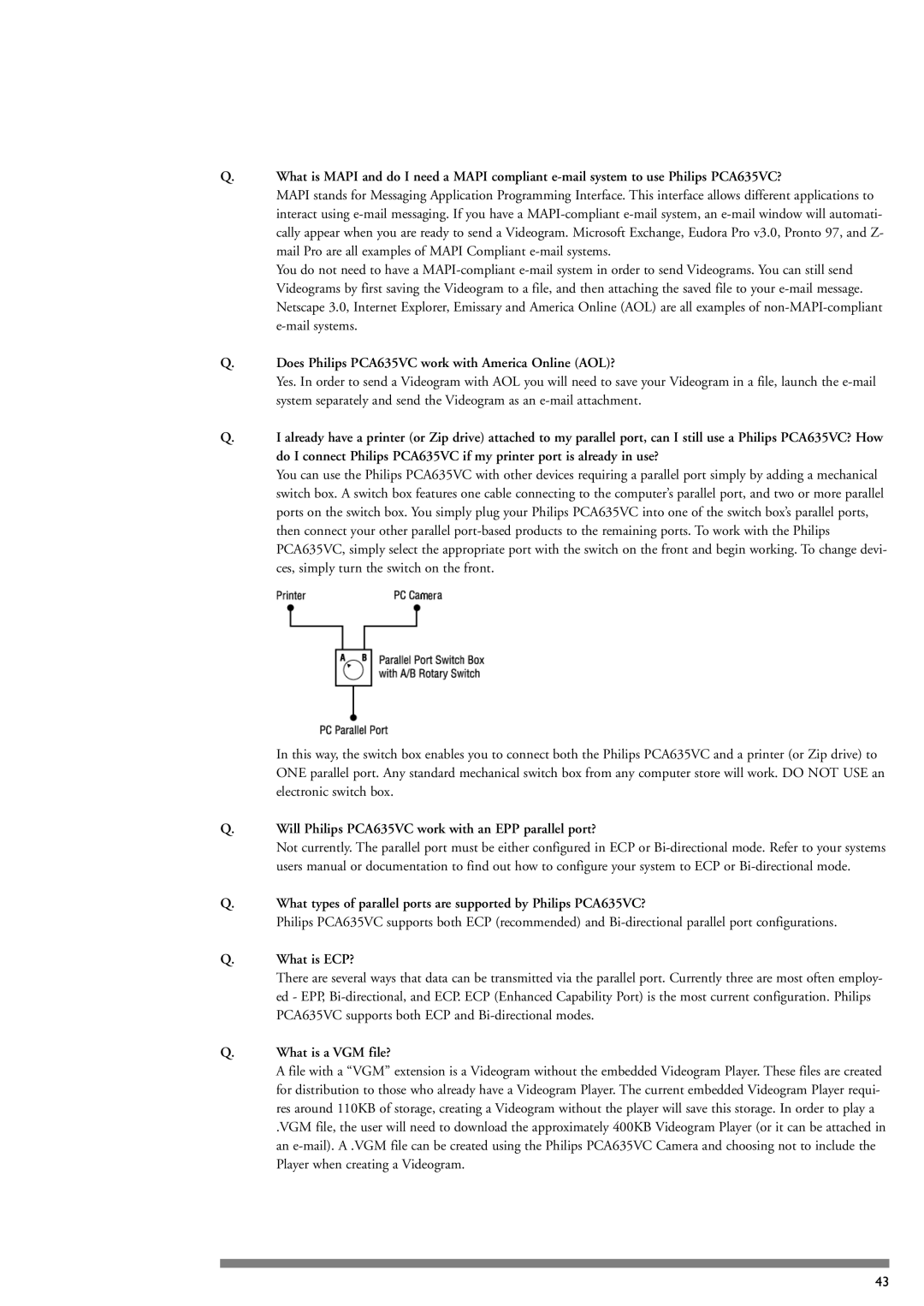 Philips manual Does Philips PCA635VC work with America Online AOL?, What is ECP?, What is a VGM file? 